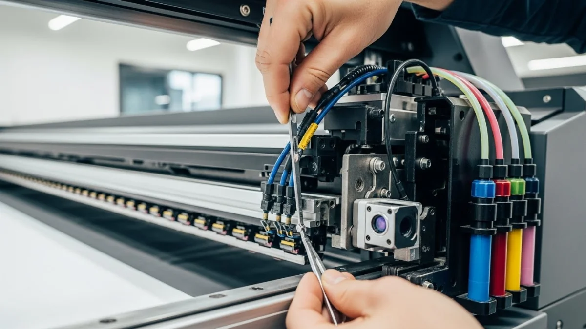 Hình ảnh kiểm tra và vệ sinh đầu phun máy in phun để khắc phục lỗi không nhận đầu phun