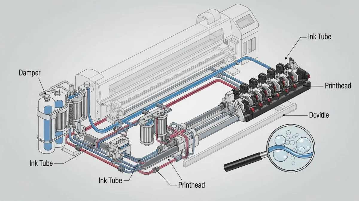 Thao tác hút mực và bọt khí ra khỏi đầu phun máy in bằng kim tiêm và ống silicon