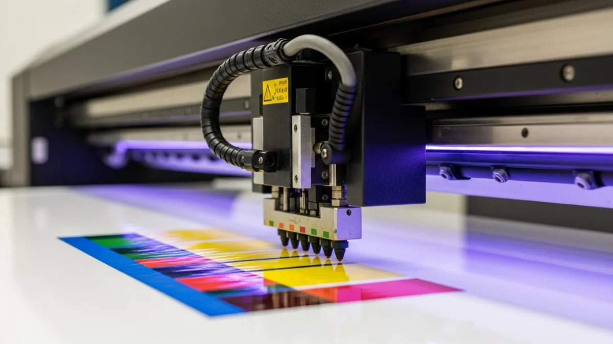 Máy in UV đang chiếu tia cực tím để làm khô mực in trên bề mặt vật liệu cứng ngay lập tức