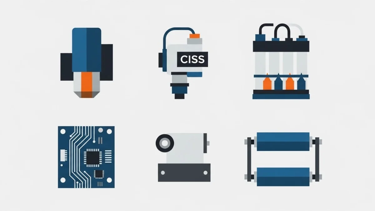 Hình ảnh một đầu phun máy in kỹ thuật số, chi tiết phức tạp với các cổng kết nối và vòi phun