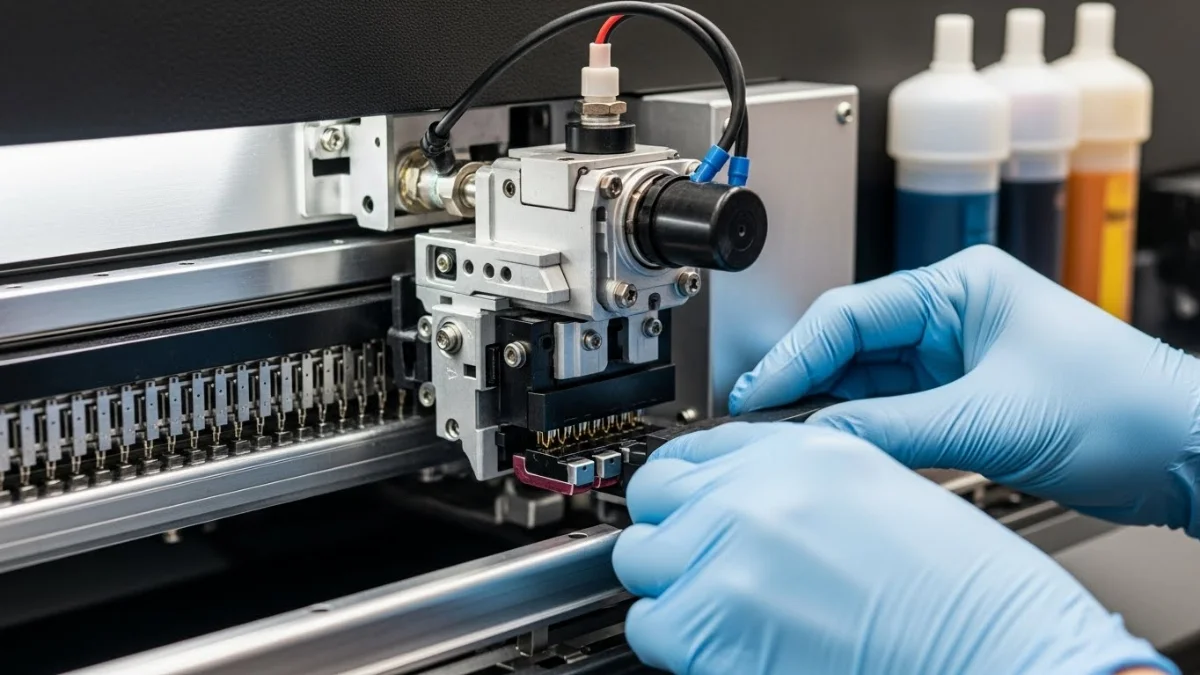 Hình ảnh minh họa kết tủa mực gây tắc nghẽn trong vòi phun máy in