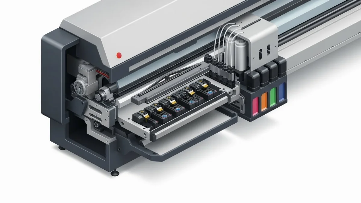 Kỹ thuật viên đang kiểm tra và làm sạch đầu phun máy in bằng dụng cụ chuyên nghiệp