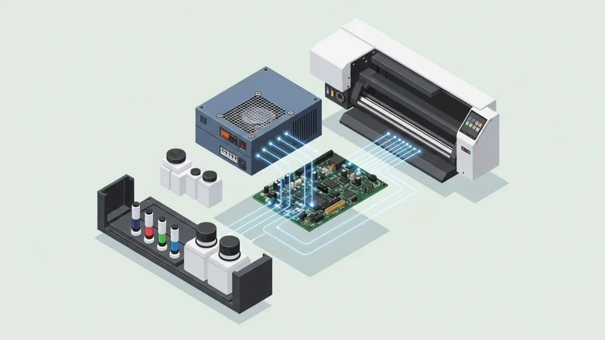 Hình ảnh kỹ thuật viên đang kiểm tra bo mạch điều khiển máy in