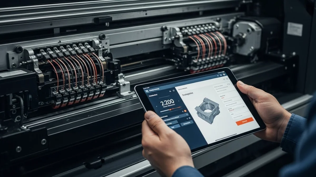 Kỹ thuật viên đang sử dụng phần mềm test trên giao diện máy tính để kiểm tra một bảng mạch điện tử được đặt trên bàn làm việc