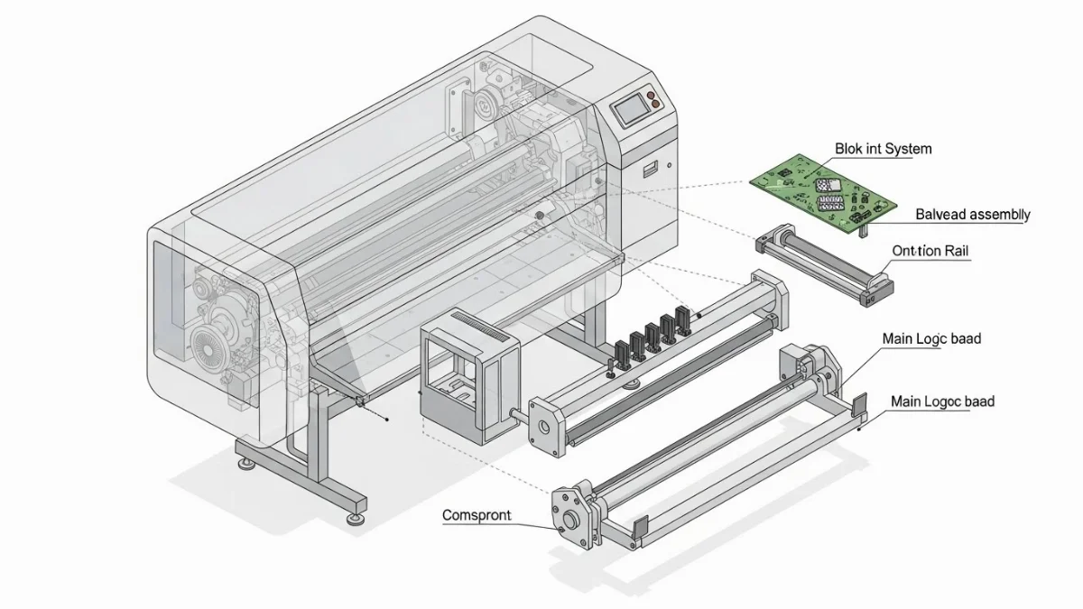 Mainboard (Bo mạch chủ) của máy in kỹ thuật số với nhiều chip và cổng kết nối