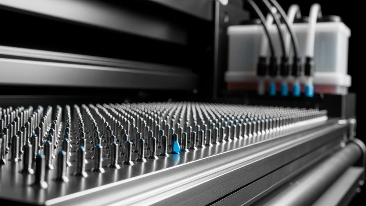 Sơ đồ cấu tạo của đầu phun máy in phun, cho thấy các vòi phun (nozzles), khoang chứa mực và bộ phận điều khiển nhiệt/áp điện