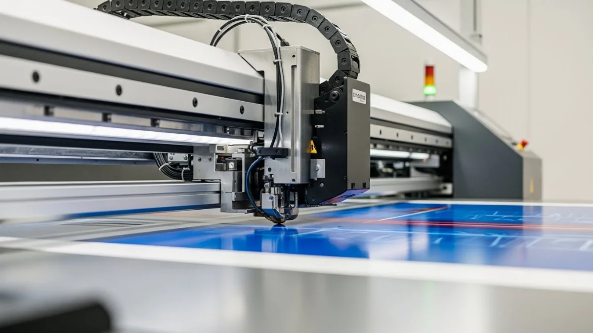 Hình ảnh máy in quảng cáo khổ lớn hiện đại hoạt động trong xưởng