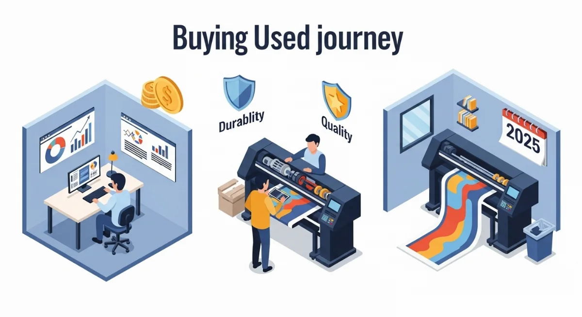 Hình ảnh kỹ thuật viên đang kiểm tra và bảo dưỡng máy in quảng cáo cũ