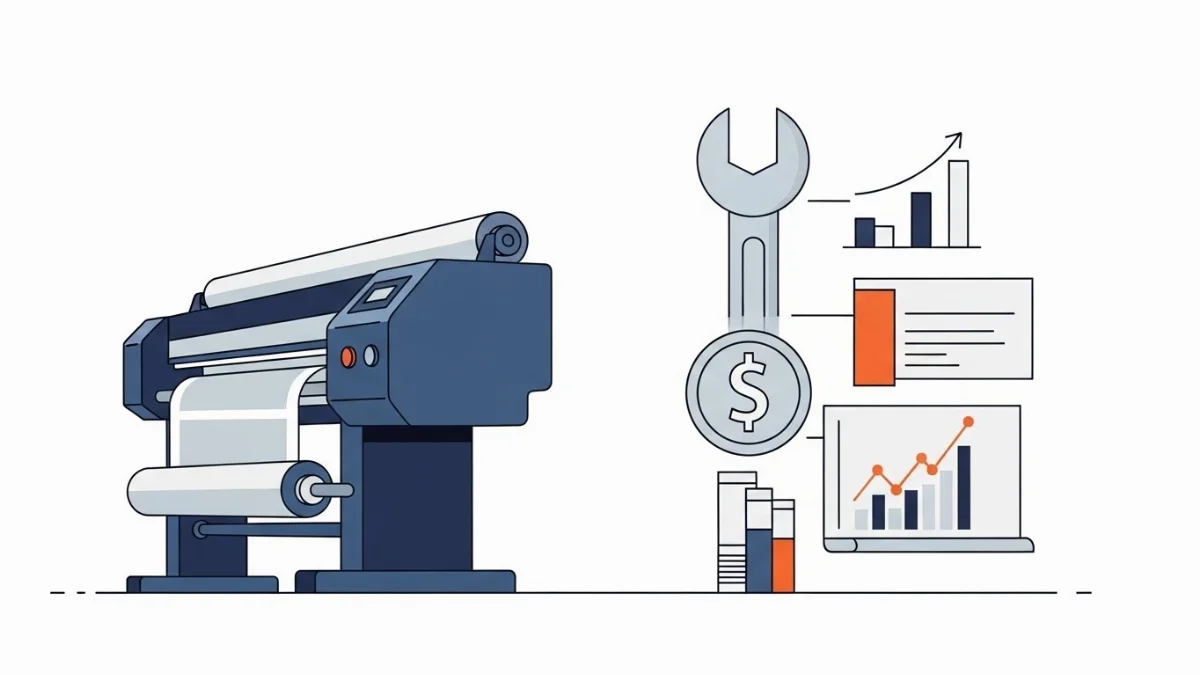 Kỹ thuật viên đang kiểm tra đầu phun máy in quảng cáo bị tắc