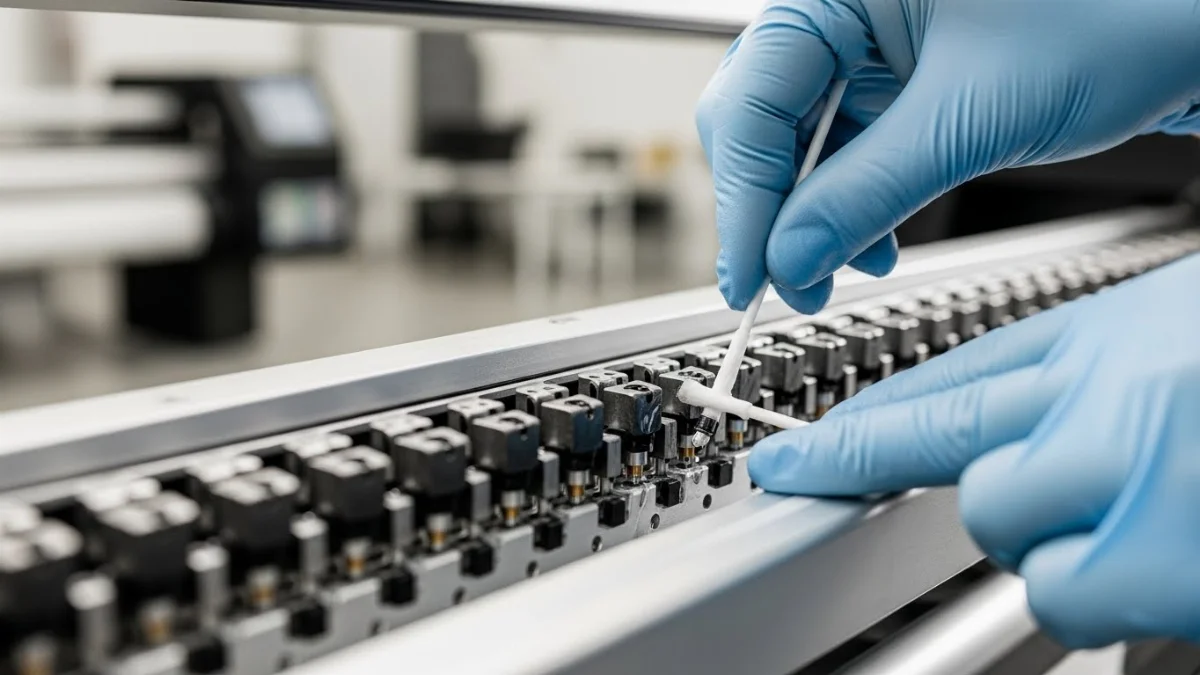 Hình ảnh đầu phun máy in bị tắc mực, có dấu hiệu khô mực và bám bẩn