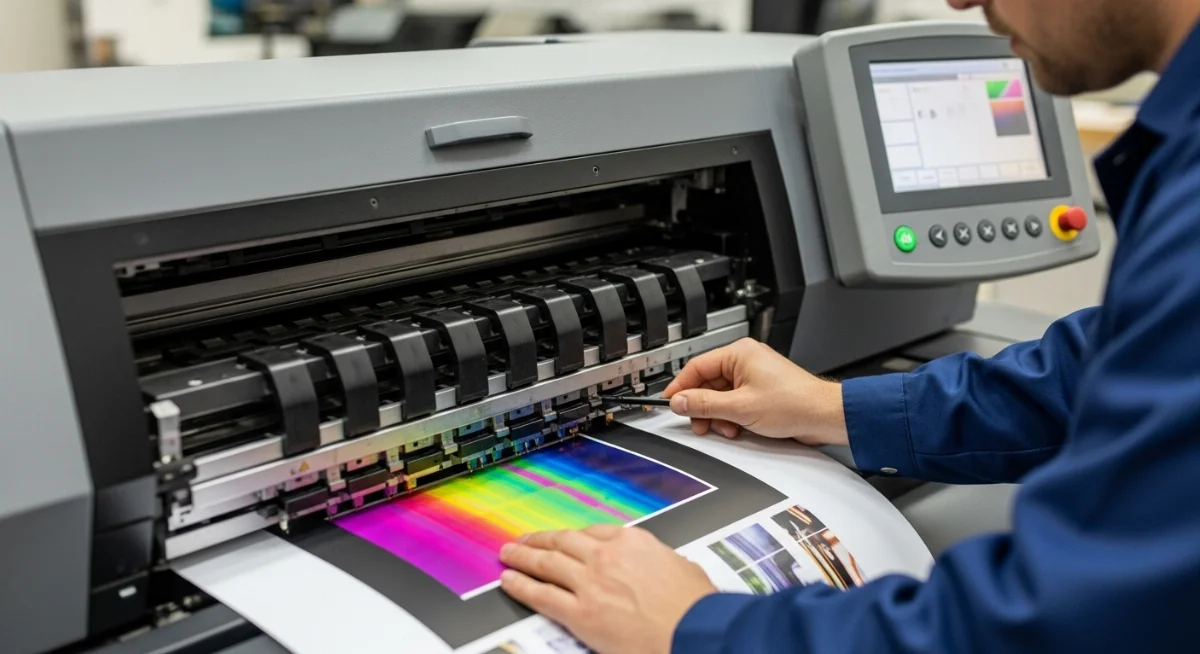 Hình ảnh máy in quảng cáo cũ bị lỗi in sai màu, nhòe màu