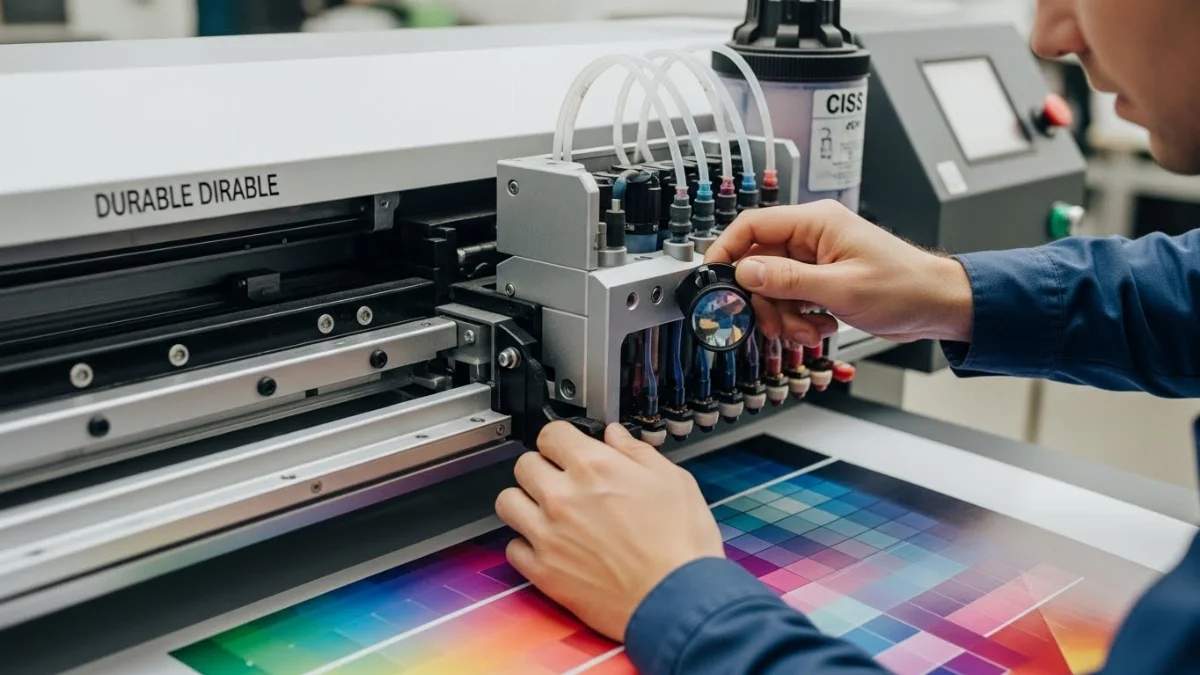 Hình ảnh người dùng kiểm tra tổng quan bên ngoài máy in cũ trước khi mua