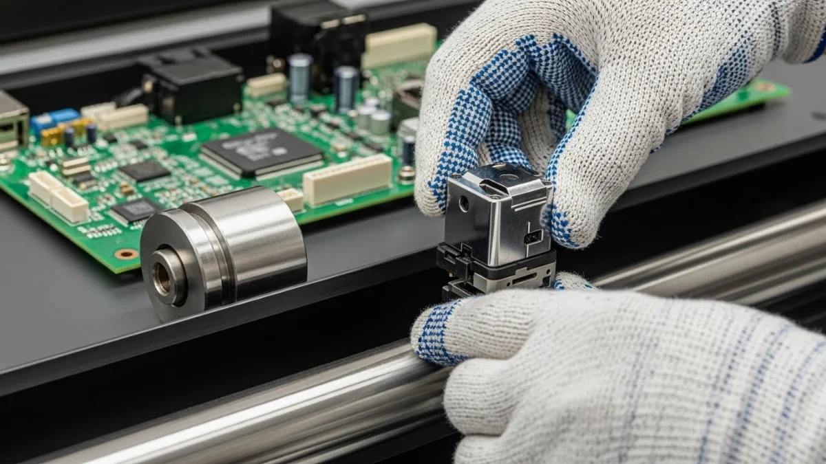 Thợ sửa chữa đang kiểm tra và thay main máy in bị lỗi