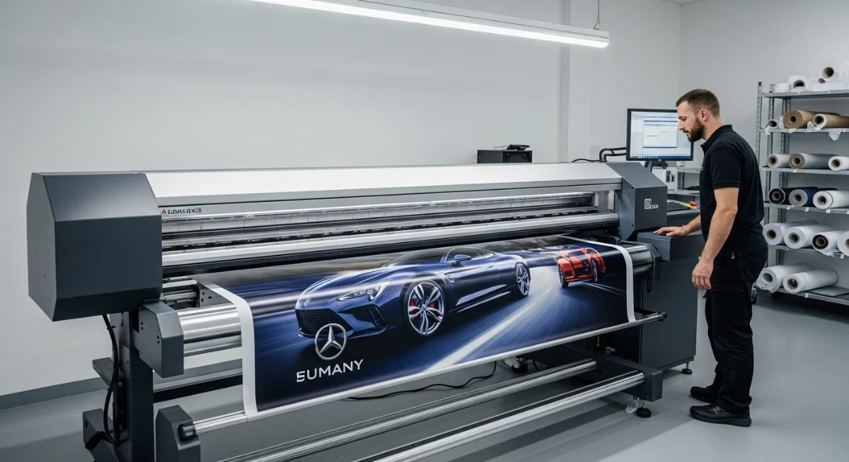 Hình ảnh máy in bạt quảng cáo khổ lớn đang hoạt động hiệu quả