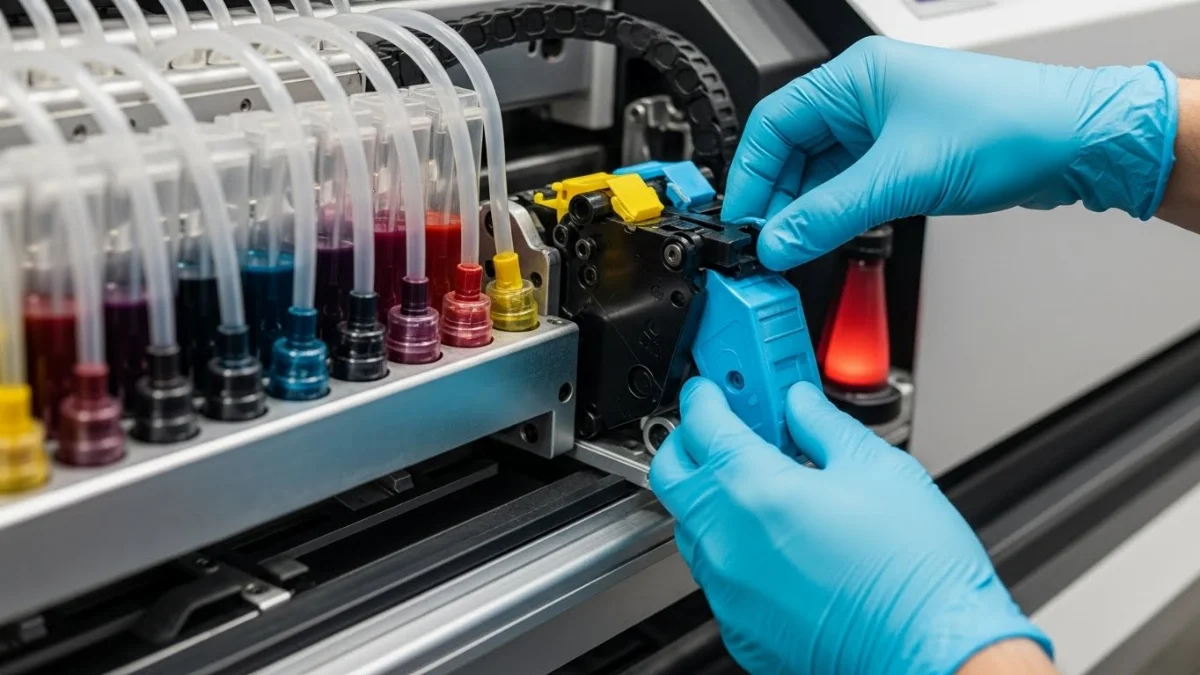 Hình ảnh minh họa các loại mực máy in phổ biến, màu sắc đa dạng