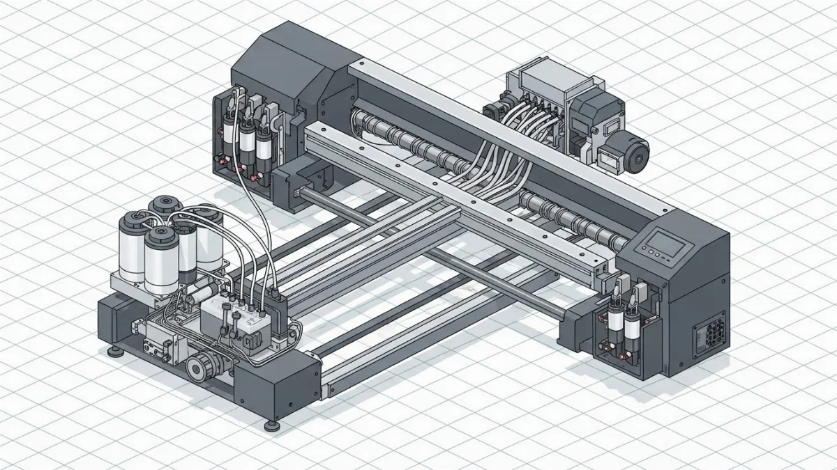 Máy in Flexo đang hoạt động với cuộn vật liệu và hệ thống mực in