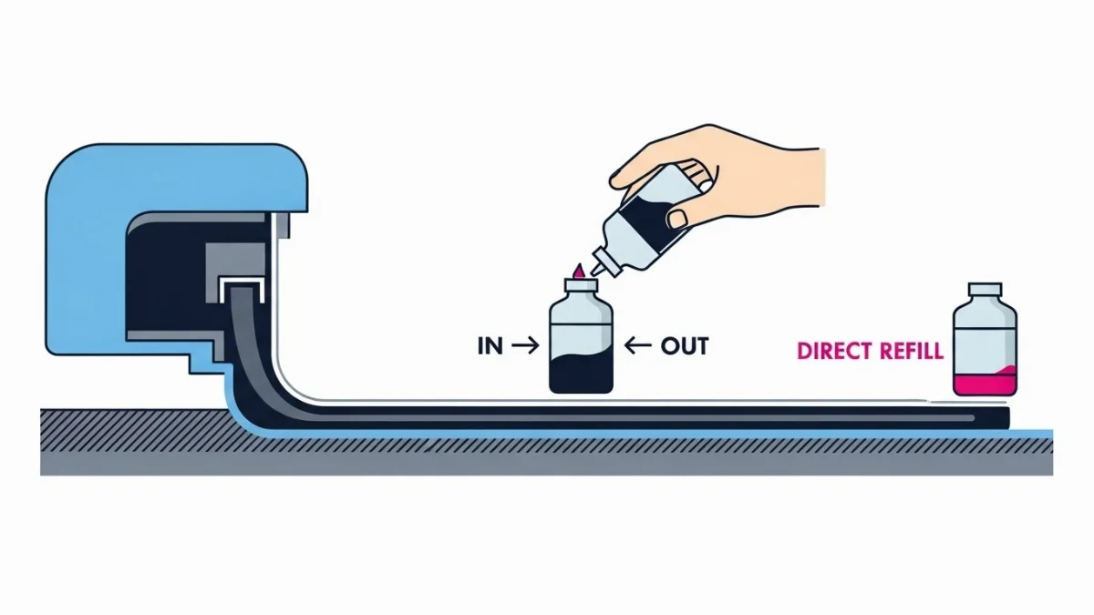 Người dùng đang đổ mực máy in vào bình chứa, quy trình đơn giản, sạch sẽ