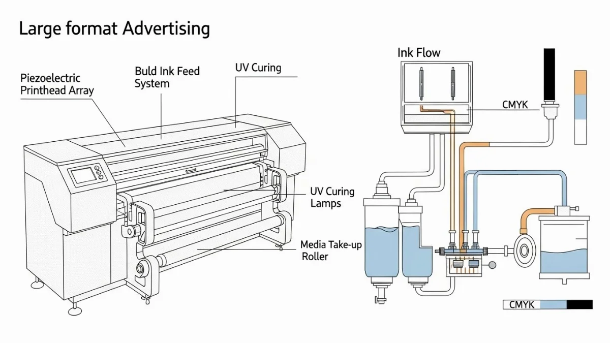 Đội ngũ kỹ thuật viên đang lắp đặt máy in quảng cáo khổ lớn chuyên nghiệp