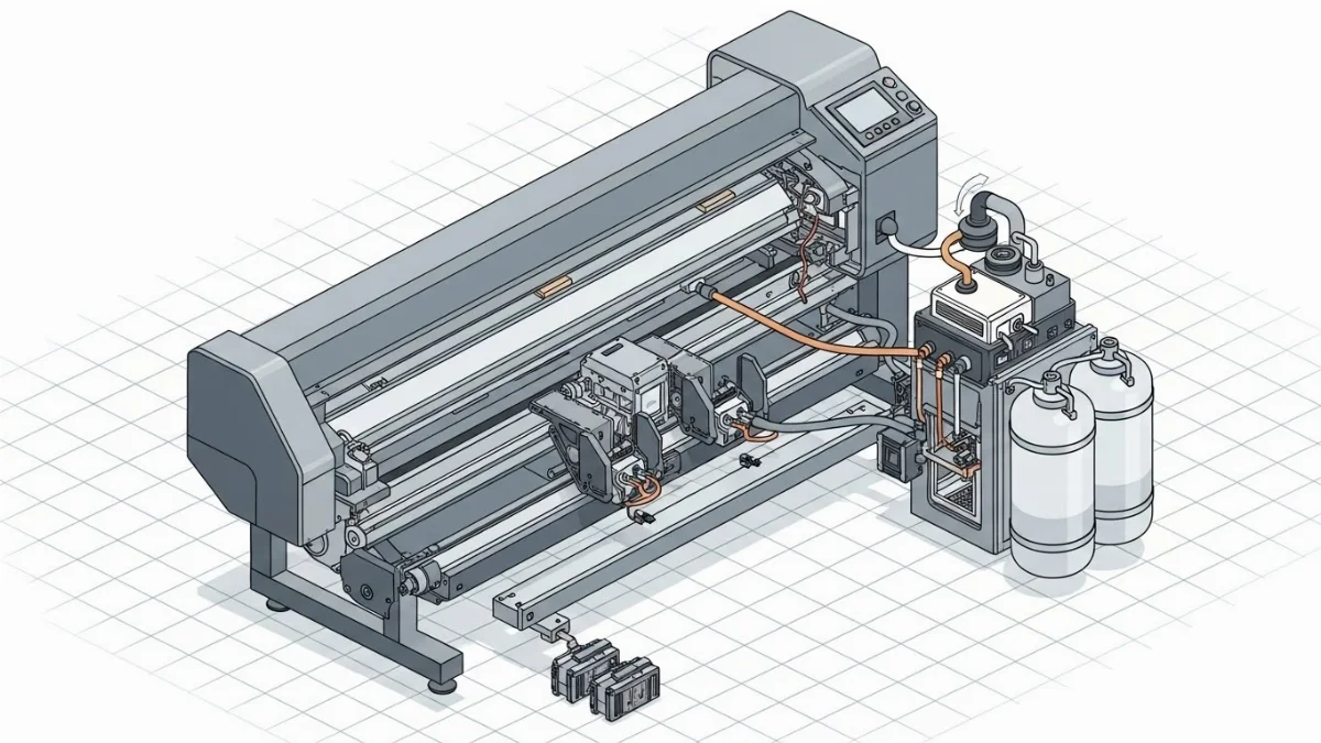 Chuyên gia đang nâng cấp firmware máy in để cải thiện hiệu suất.