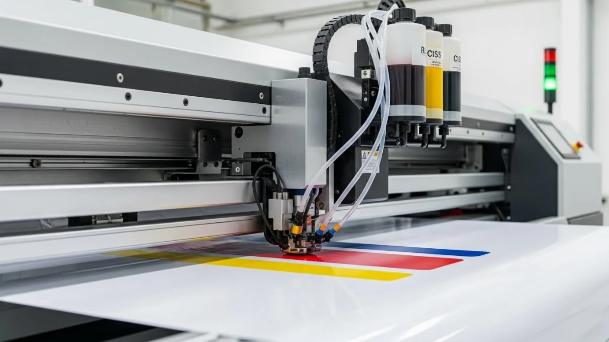 Hình ảnh minh họa các loại mực in với màu sắc và bao bì đa dạng