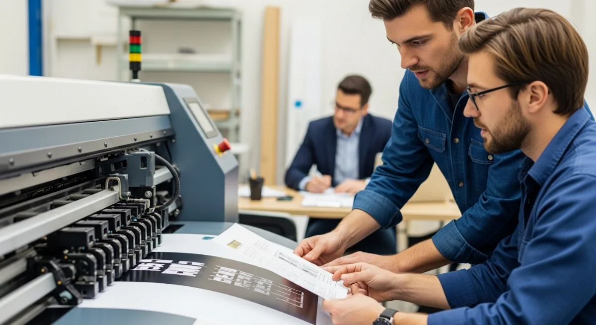 Hình ảnh người mua và người bán đang thương lượng giá máy in quảng cáo cũ